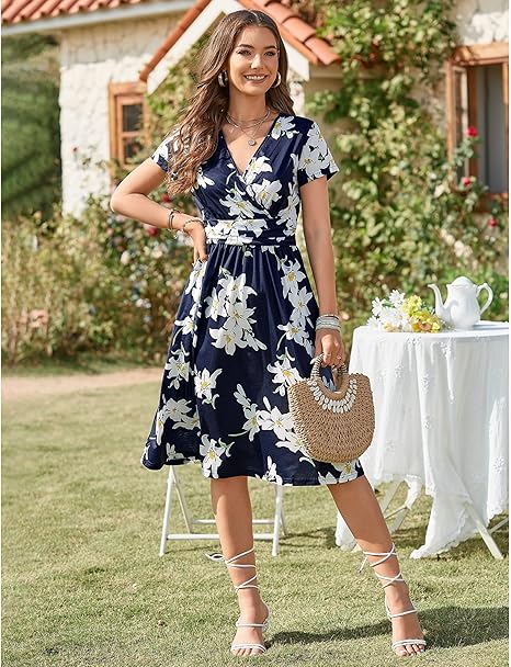 Vestido Corto de Verano con Escote en Pico y Estampado Floral para Mujer