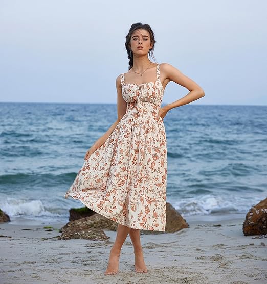 Vestido Floral Beige y Naranja